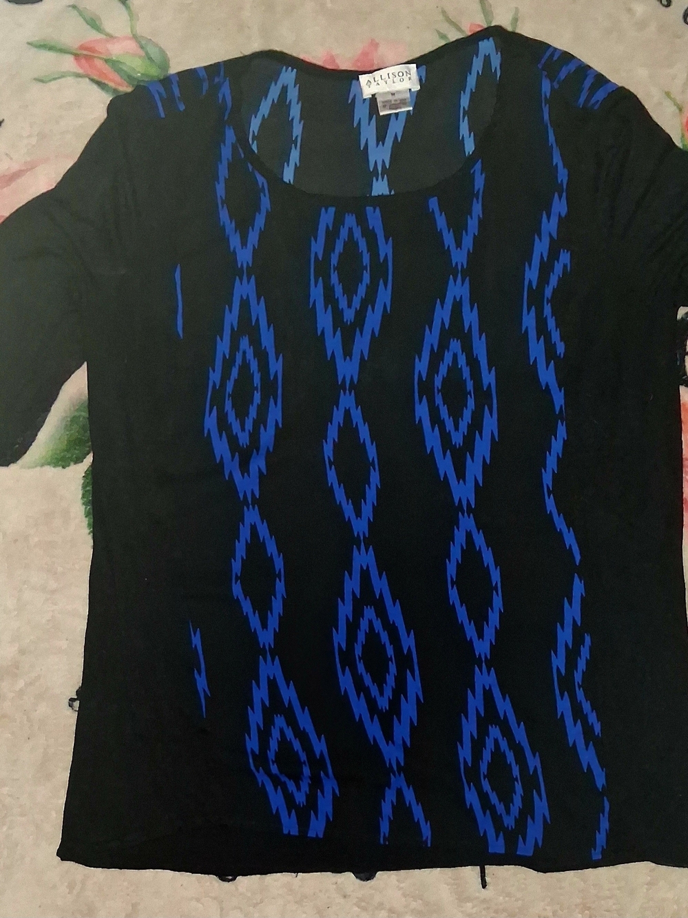 Allison Taylor Black Long Sleeve Tee with Royal Blue Geometric Pattern